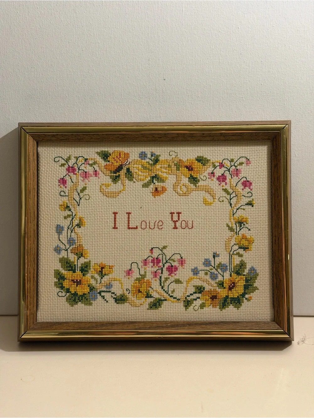 Framed Floral 'I Love You' Cross Stitch Wall Accent - colorful